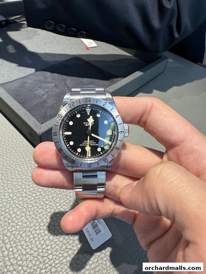 A hand holds a Tudor Black Bay GMT watch with a black dial and stainless steel bracelet.