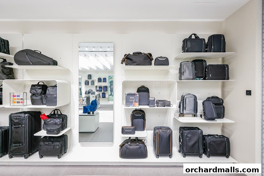 Interior shot of a TUMI store showcasing a wide variety of luggage and bags on display shelves.