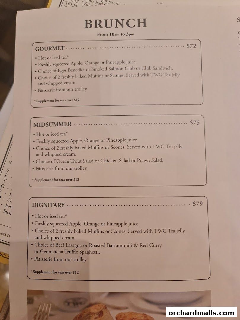 A menu featuring three brunch options: Gourmet, Midsummer, and Dignitary.