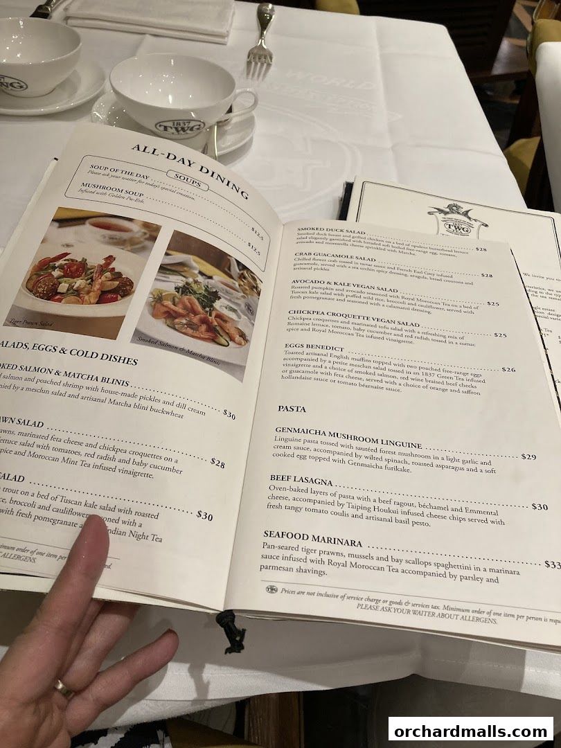 A person holding open a TWG Tea menu with various dishes and prices listed.