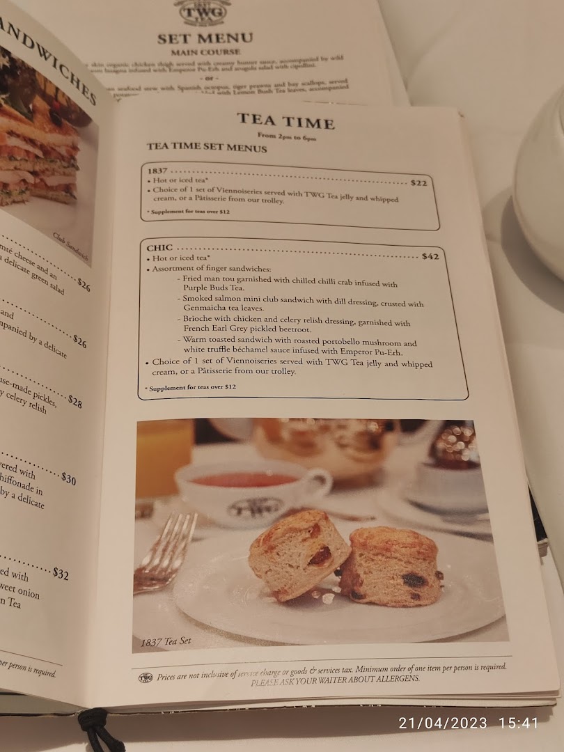 Menu page for TWG Tea at ION Orchard