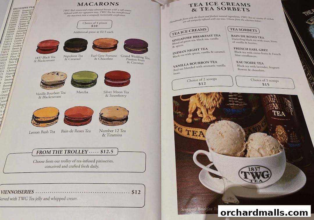 A menu showcasing TWG Tea's macarons, ice creams, and sorbets with detailed descriptions and prices.