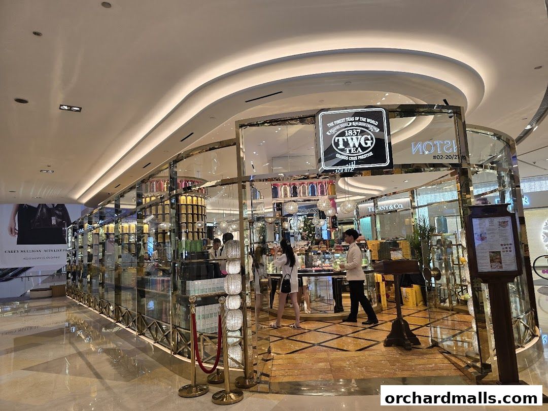 The elegant TWG Tea shop front with displays of tea and customers browsing inside.
