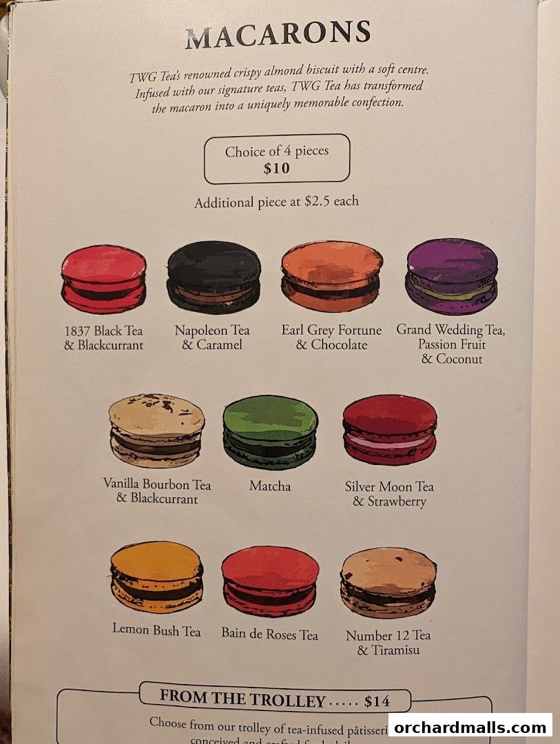 A menu page showcasing various TWG Tea macarons with their names and prices.
