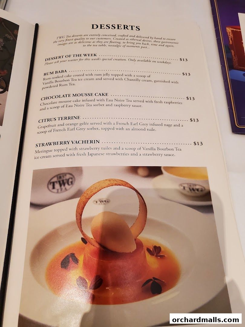 A menu page from TWG Tea featuring a selection of exquisite desserts.