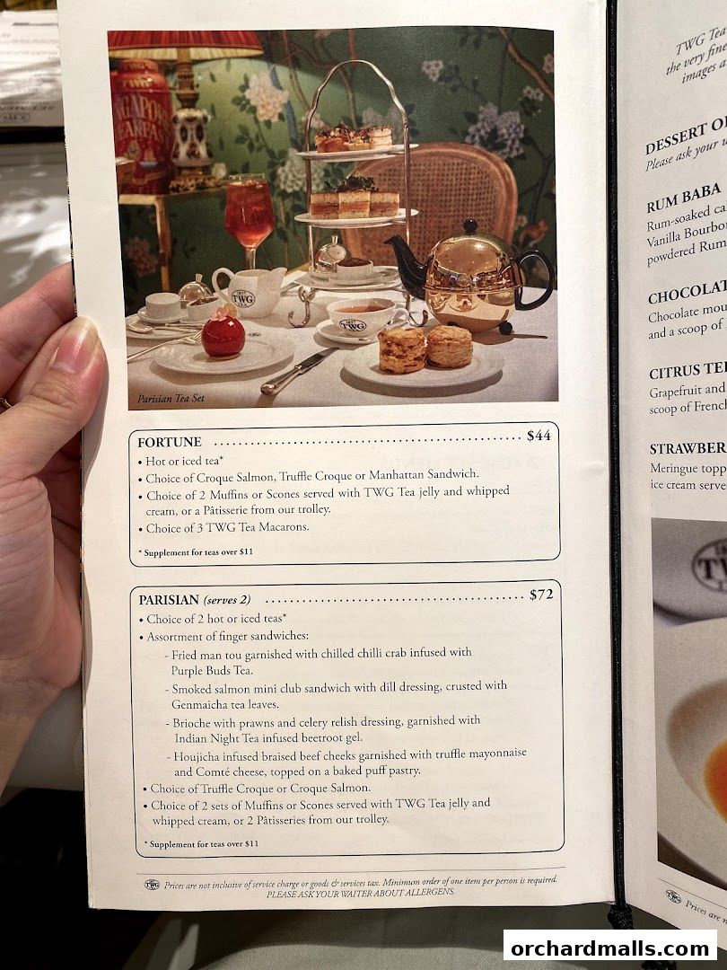 A menu page from TWG Tea featuring Parisian Tea Set and other offerings.