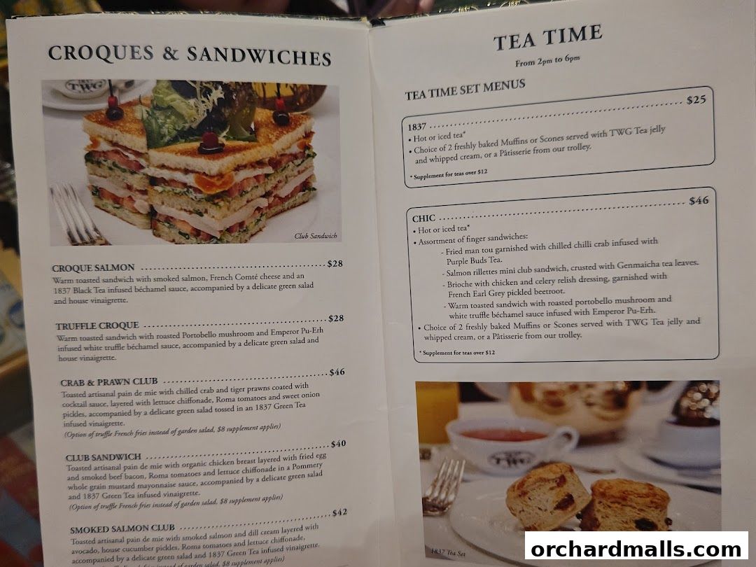 A menu from TWG Tea featuring sandwiches and tea time set menus.