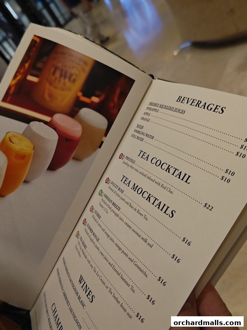 A menu from TWG Tea featuring beverages, tea cocktails, and mocktails.