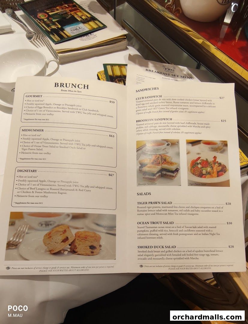 A menu from TWG Tea at ION Orchard featuring brunch, sandwiches, and salads.