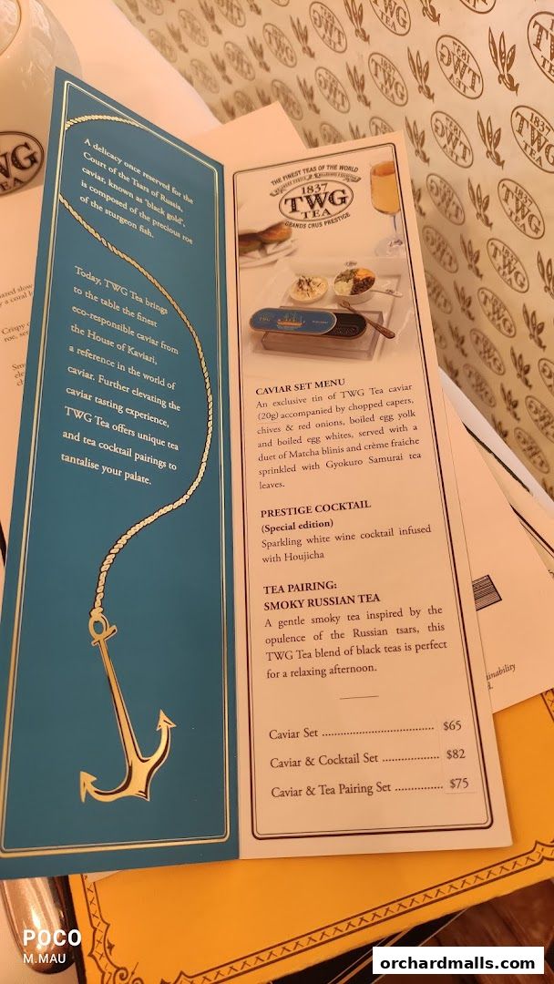 A menu from TWG Tea featuring caviar sets, cocktails, and tea pairings.