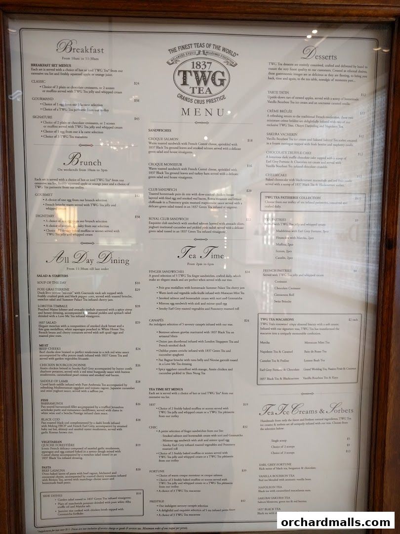 A menu from TWG Tea at ION Orchard, featuring breakfast, brunch, sandwiches, and desserts.