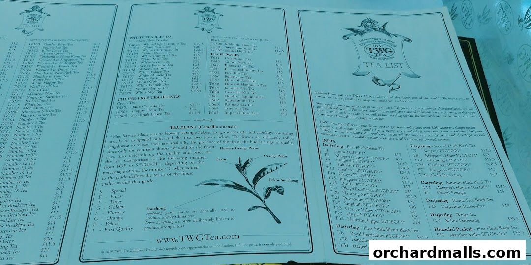 A tea list from TWG Tea, featuring various tea blends, prices, and descriptions.