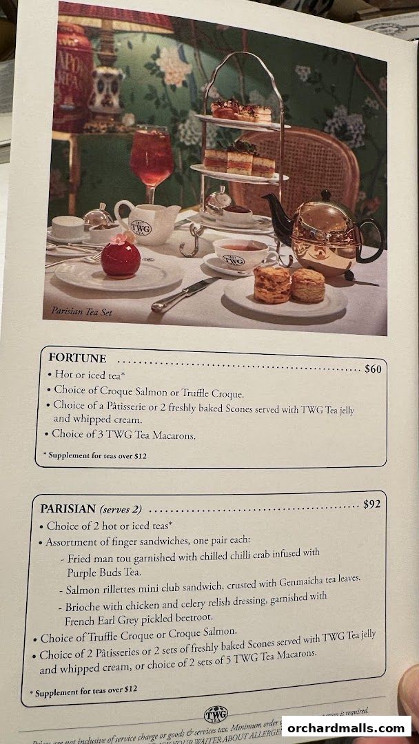 A menu from TWG Tea featuring two tea set options: Fortune and Parisian.
