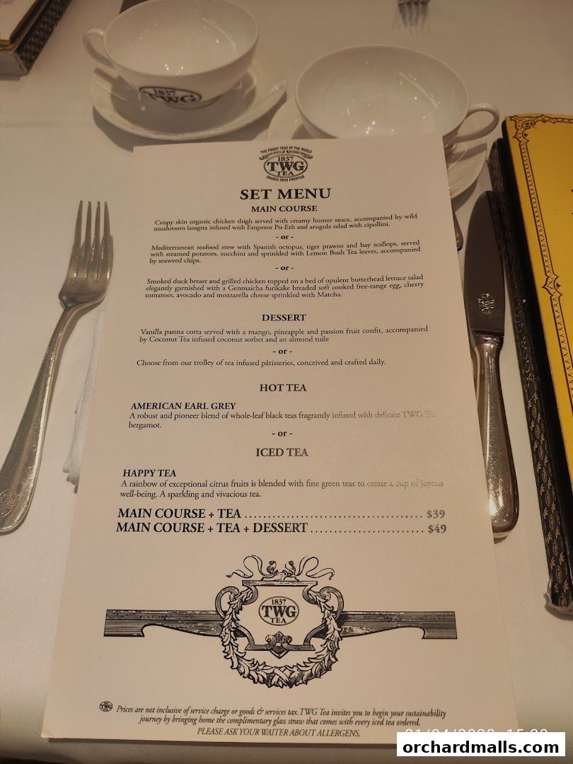 A set menu from TWG Tea featuring main courses, desserts, and teas.