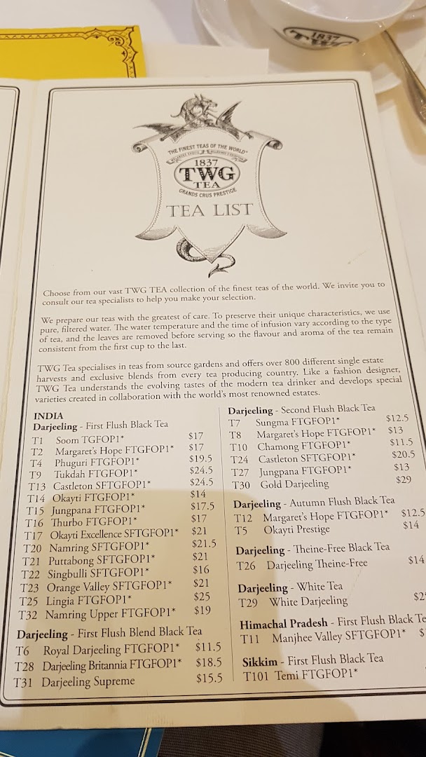 Menu page for TWG Tea at ION Orchard