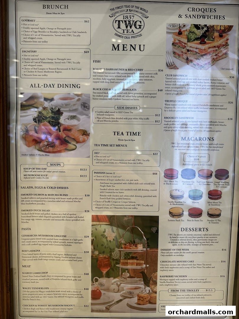 A menu from TWG Tea at ION Orchard, featuring brunch, all-day dining, tea time, and desserts.