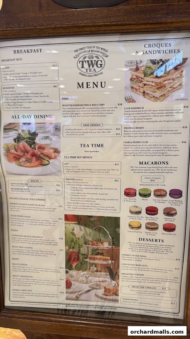 A menu from TWG Tea at ION Orchard, featuring breakfast, all-day dining, tea time, and desserts.