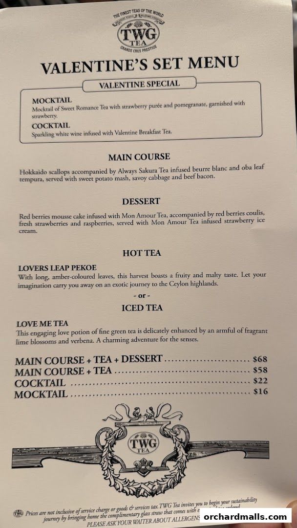 A Valentine's Set Menu from TWG Tea featuring mocktails, cocktails, main courses, desserts, and teas.