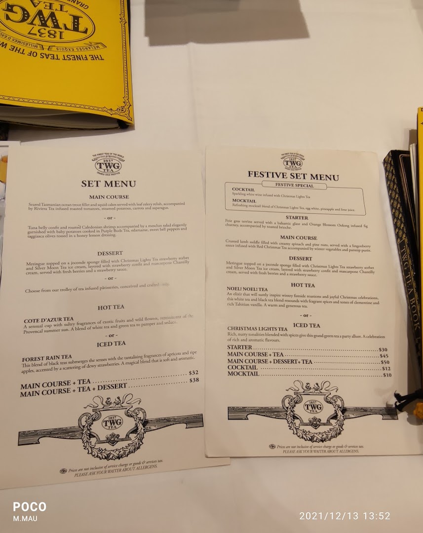 Menu page for TWG Tea at ION Orchard