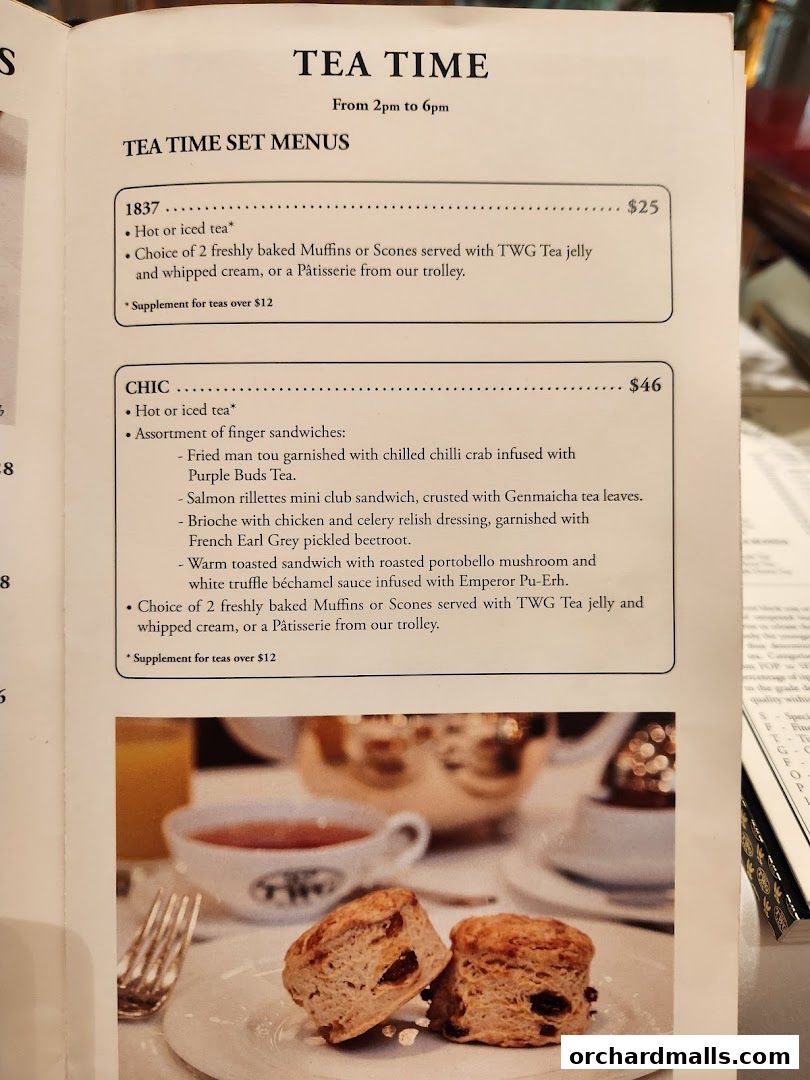 A menu page from TWG Tea featuring 'Tea Time Set Menus' with two options.