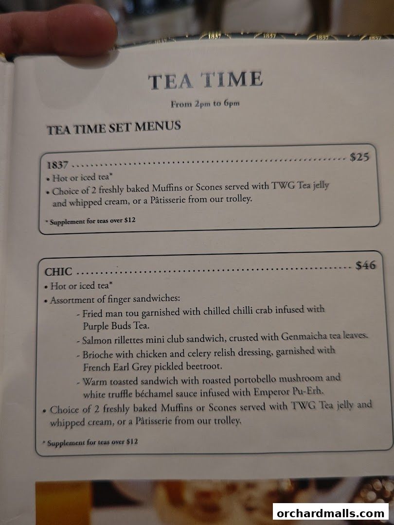 A menu showcasing TWG Tea's 'Tea Time' set menus with two options: '1837' and 'Chic'.