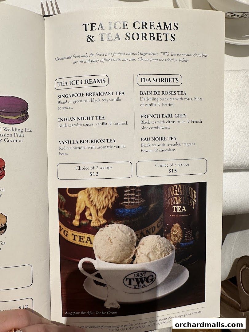 A menu page from TWG Tea featuring tea ice creams and sorbets with descriptions and prices.