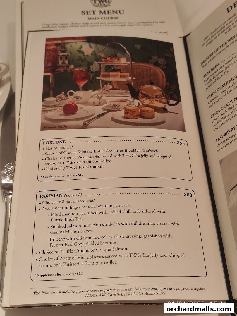 A menu from TWG Tea featuring set menus for 'Fortune' and 'Parisian' high tea experiences.