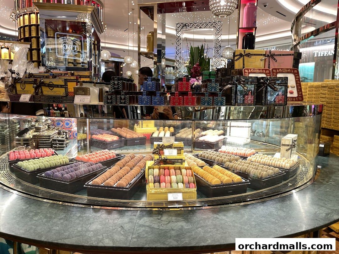 A display counter filled with colorful macarons and gift boxes at TWG Tea.