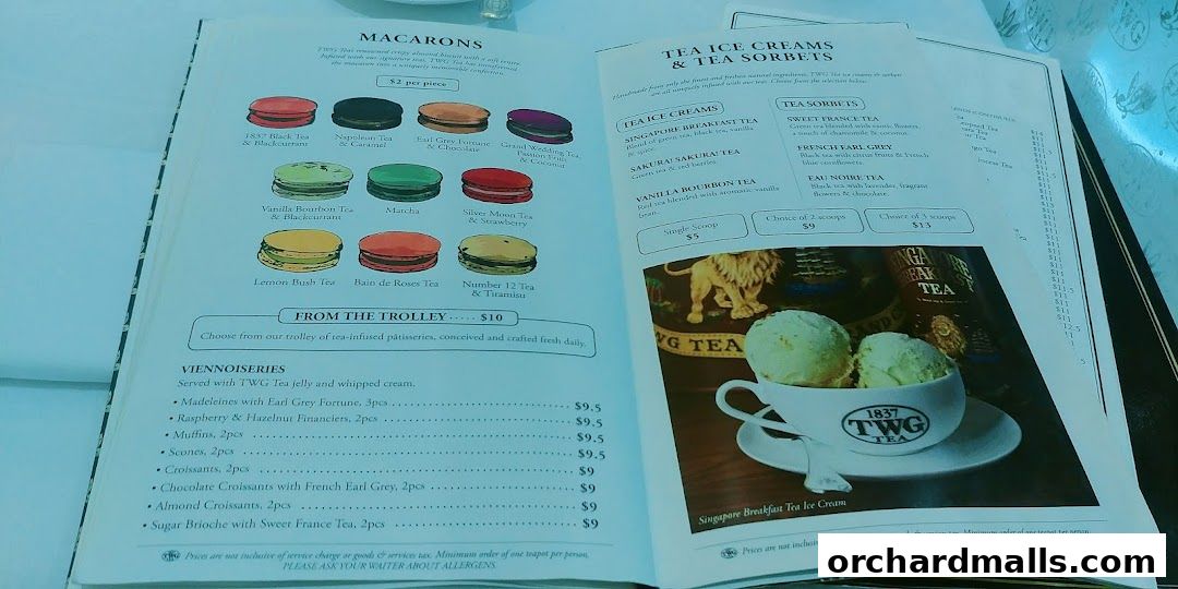 A menu from TWG Tea featuring macarons, ice creams, sorbets, and viennoiseries.