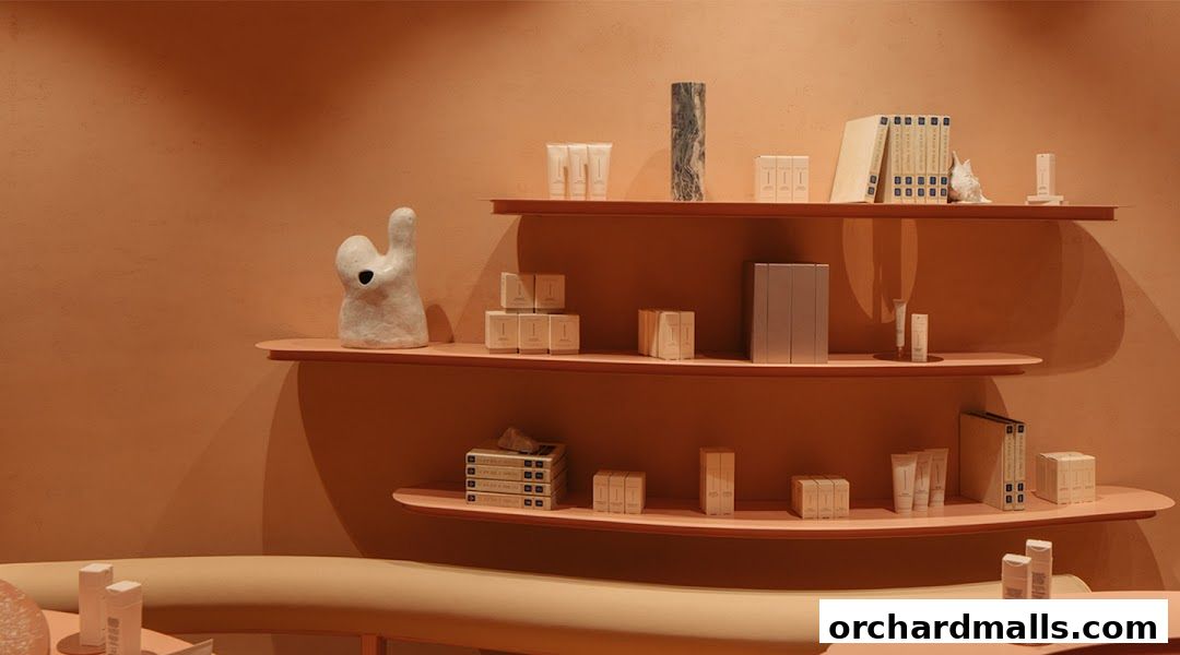 Shelves display skincare products and decorative items in a minimalist, warm-toned store.