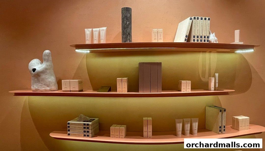 Shelves displaying skincare products and decorative items in a modern retail setting.