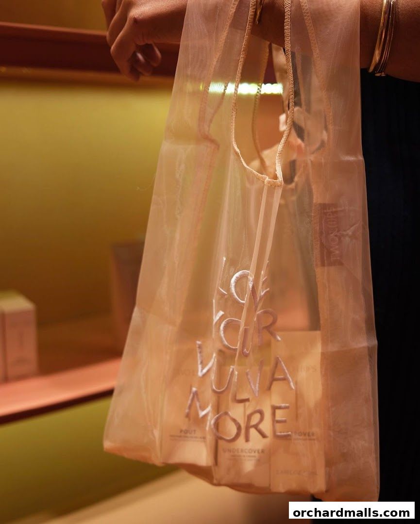 A person holds a sheer tote bag with embroidered text and products inside.