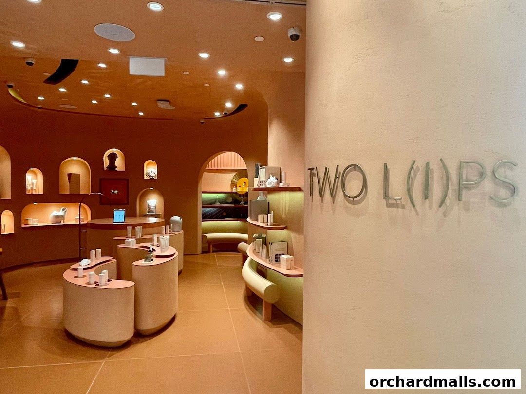 Interior view of a modern retail store with curved displays and soft lighting.