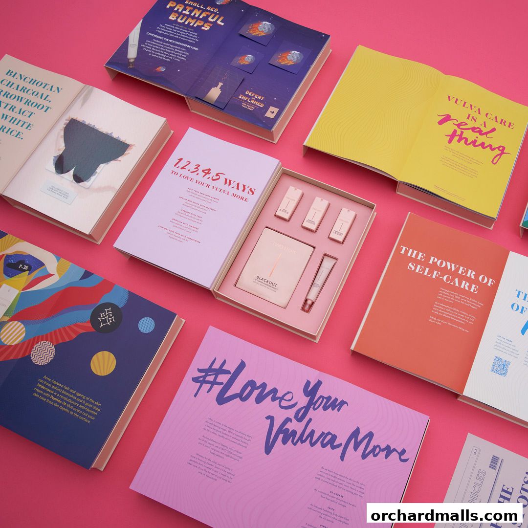 A collection of books and a skincare gift set with a focus on vulva care and self-care.