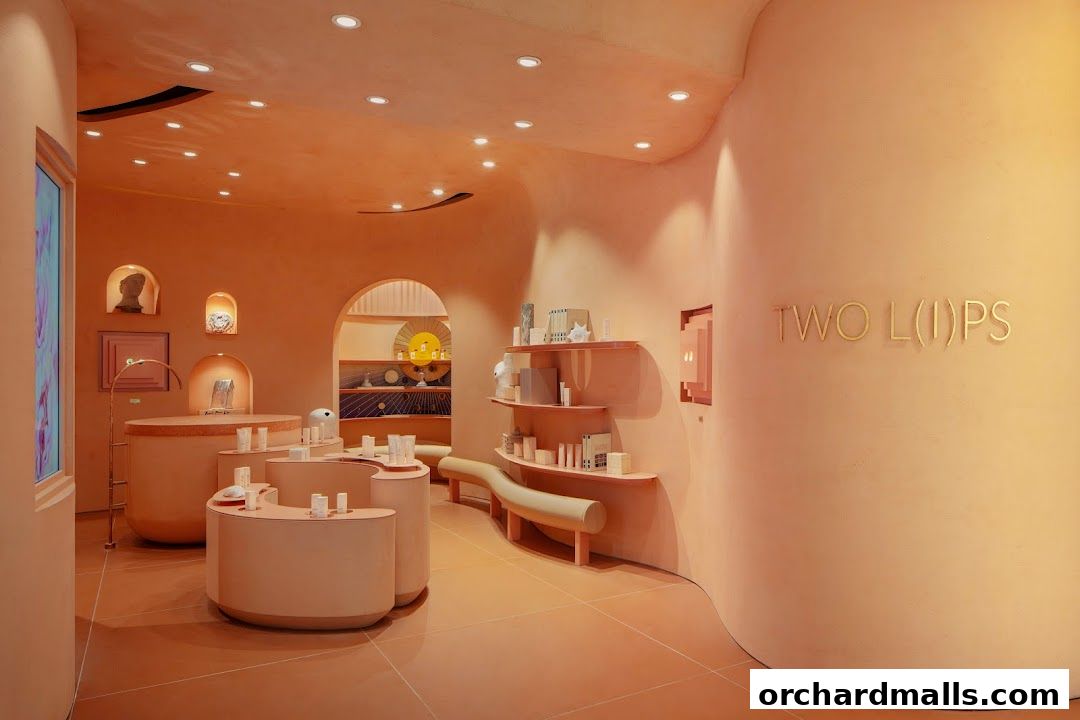 Interior of a modern, minimalist shop with peach-toned walls and displays.