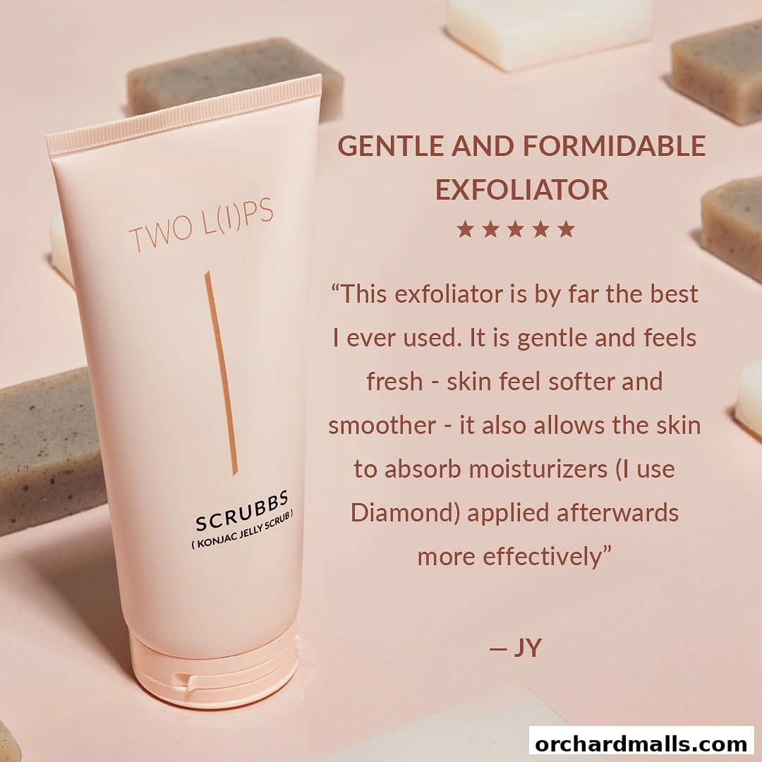 A tube of Two Lips Scrubbs Konjac Jelly Scrub with a customer testimonial.
