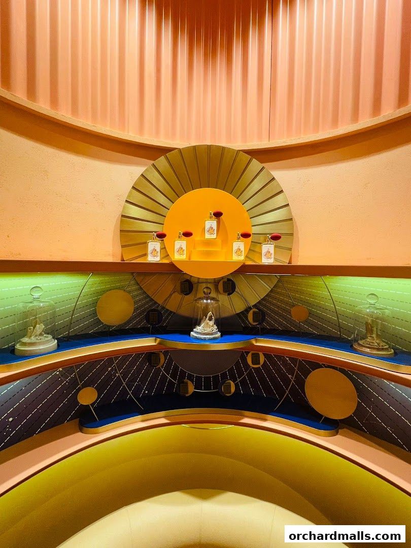 A beautifully designed display featuring perfume bottles and decorative elements in warm, inviting colors.