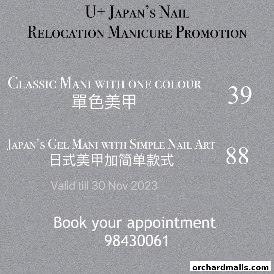 A promotion for U+ Japan's Nail offering classic and gel manicures with prices.