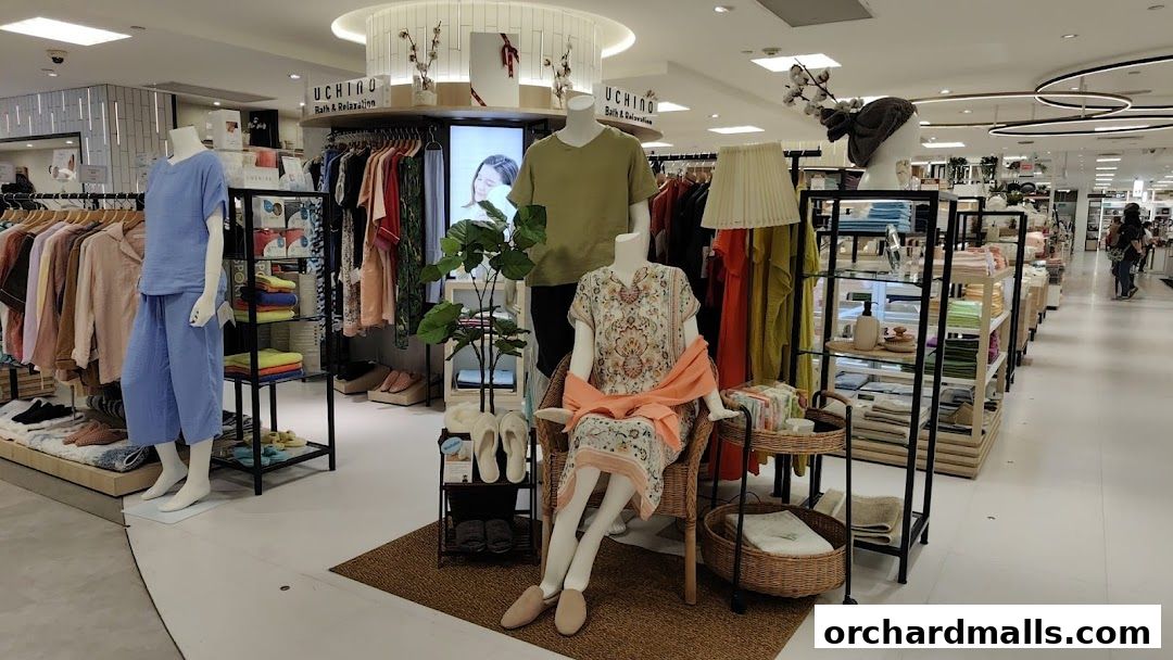 Uchino Bath & Relaxation shop interior displaying apparel, towels, and home goods on mannequins and shelves.