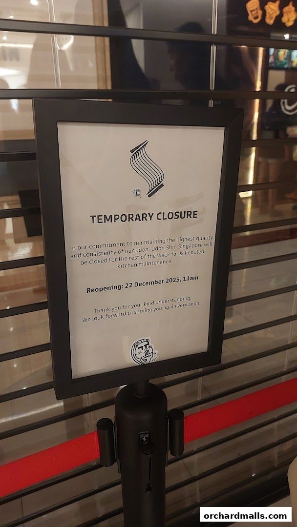 A temporary closure notice for Udon Shin Singapore, announcing kitchen maintenance.