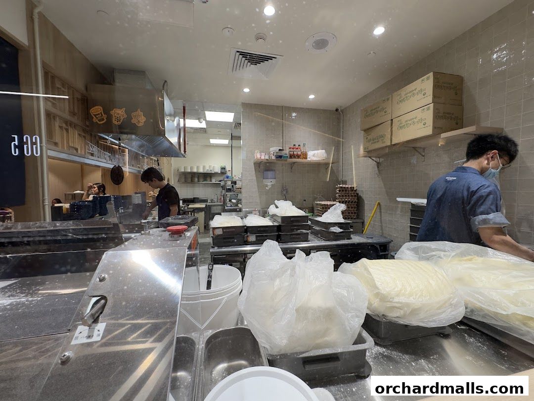 Chefs preparing udon noodles in a clean, well-lit kitchen.