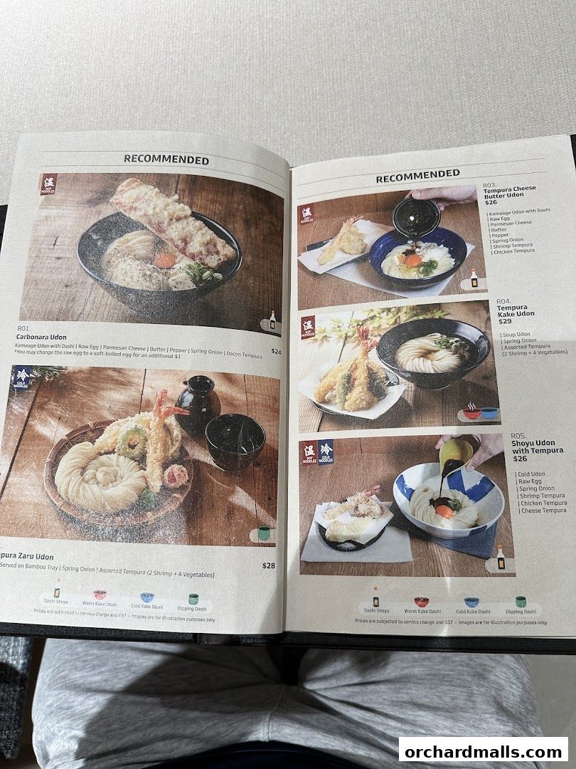 A menu from Udon Shin Singapore featuring recommended udon dishes with tempura.
