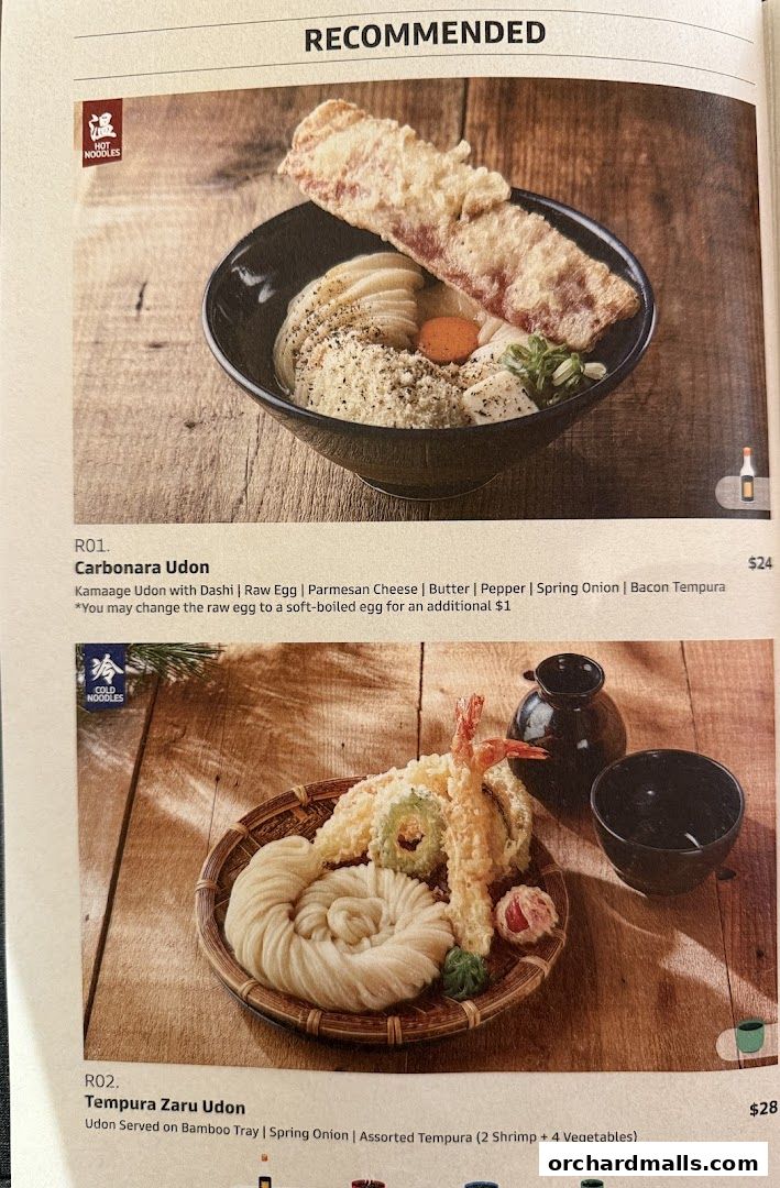 A menu page from Udon Shin Singapore featuring recommended udon dishes.