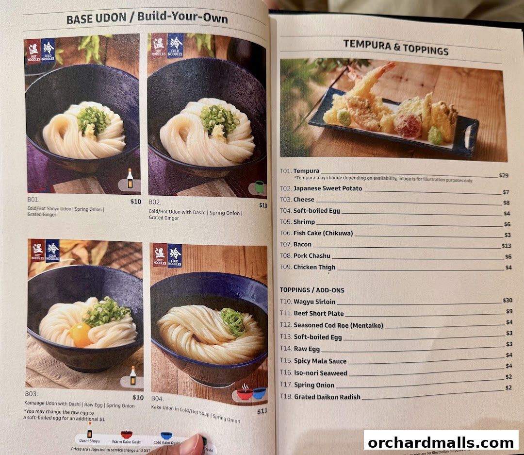 A menu showcasing various udon dishes, tempura, and toppings with prices.