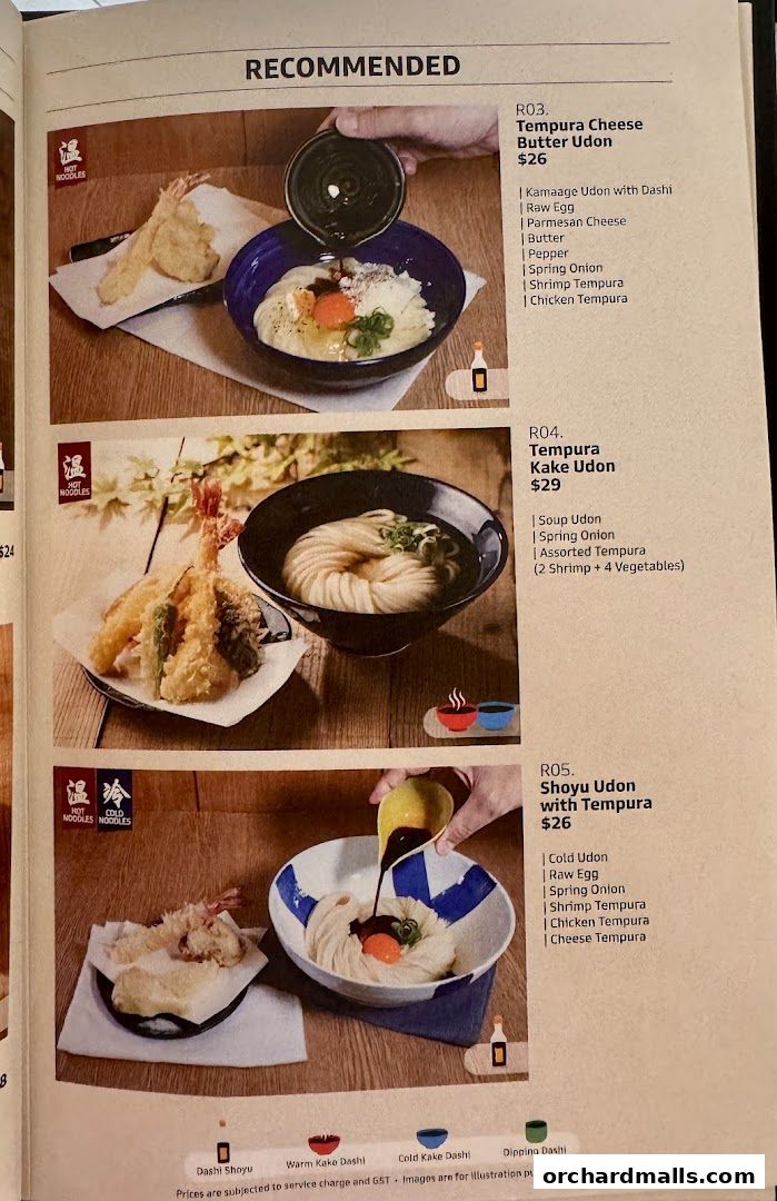 A menu page showcasing recommended udon dishes with tempura and accompanying ingredients.