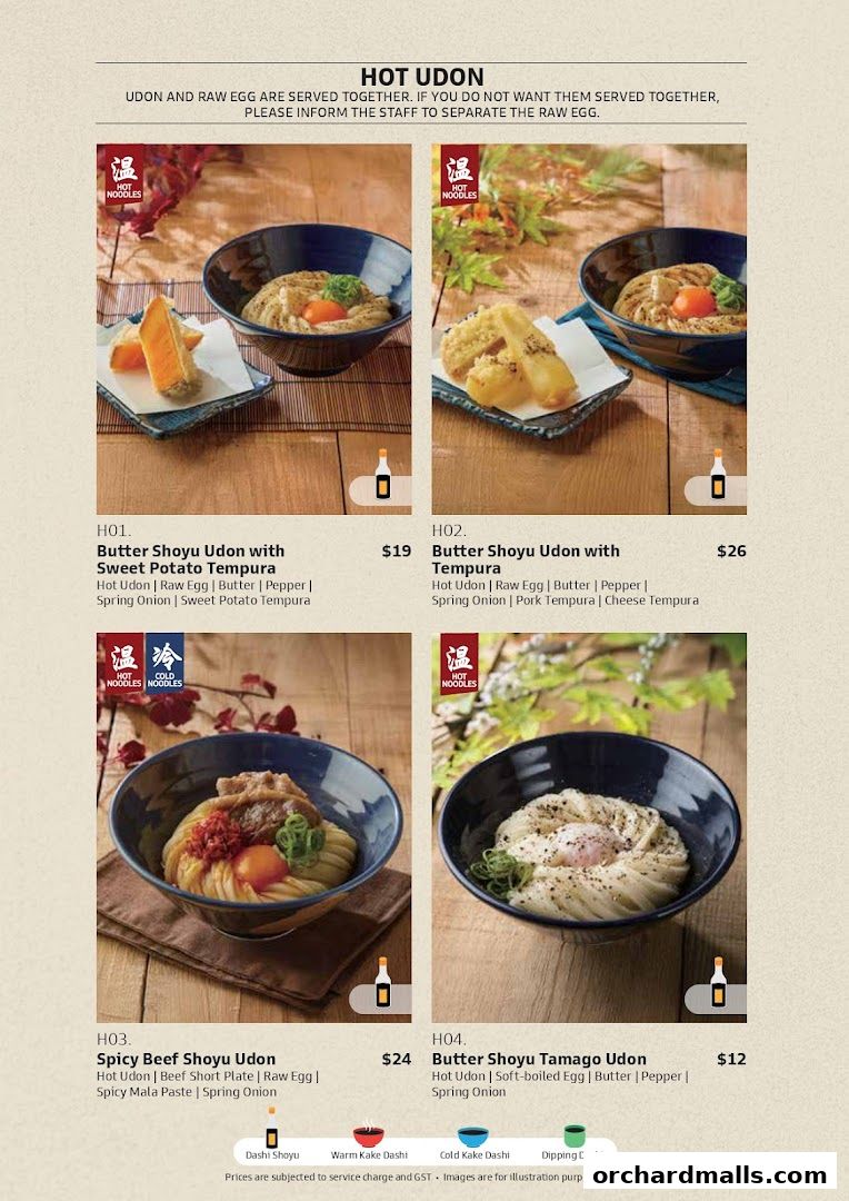A menu showcasing four hot udon dishes with detailed descriptions and prices.