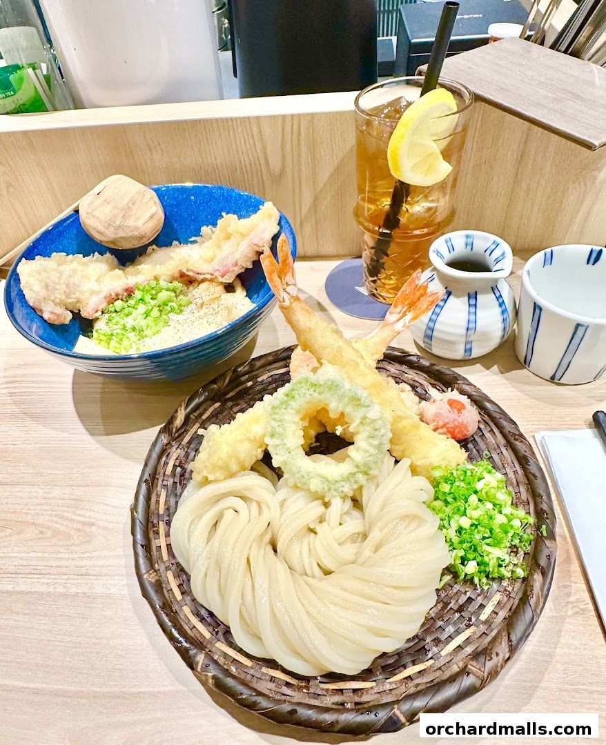 A delicious serving of udon noodles with tempura and a refreshing iced tea.