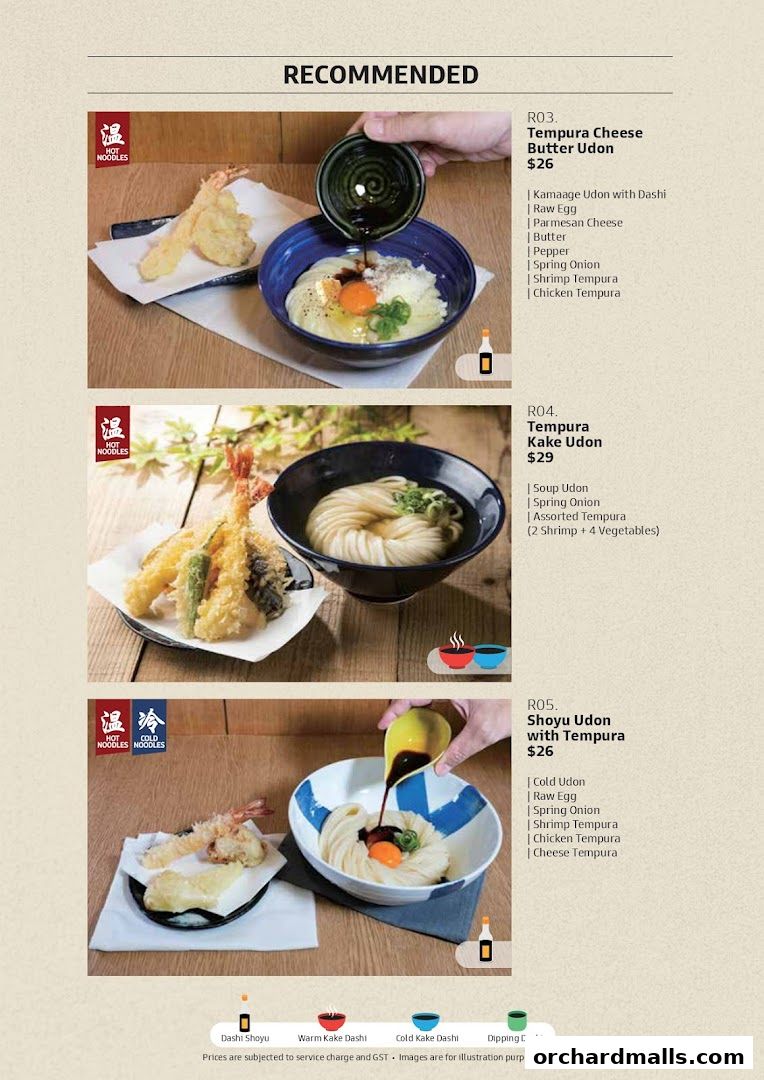 Recommended udon dishes with tempura and various toppings, with prices listed.