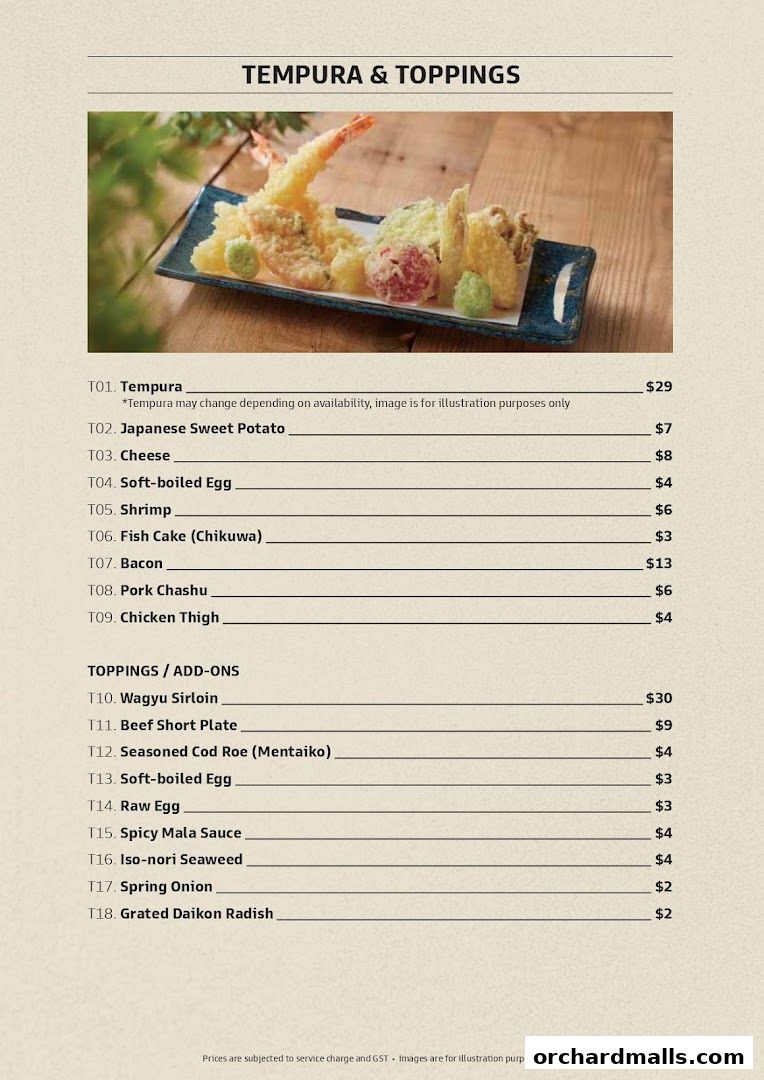 A menu page for Tempura and Toppings from Udon Shin Singapore.