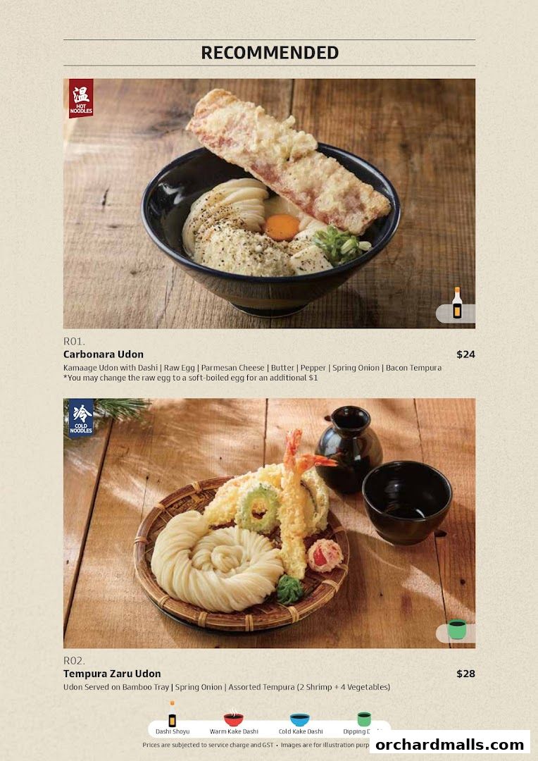 Recommended udon dishes from Udon Shin Singapore, featuring Carbonara Udon and Tempura Zaru Udon.